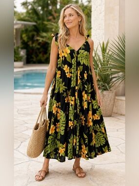 Hawaiian Tropical Rayon Sundress Coverup Floral Flowy Midi Dress NEW Colorful